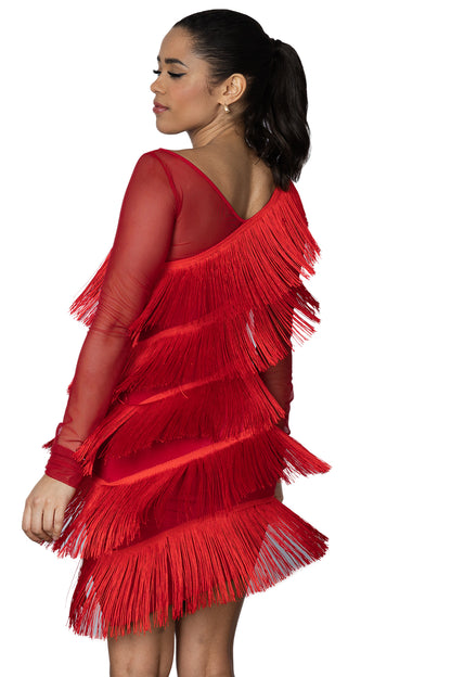 Latin practice dress with red fringe and long mesh sleeves
