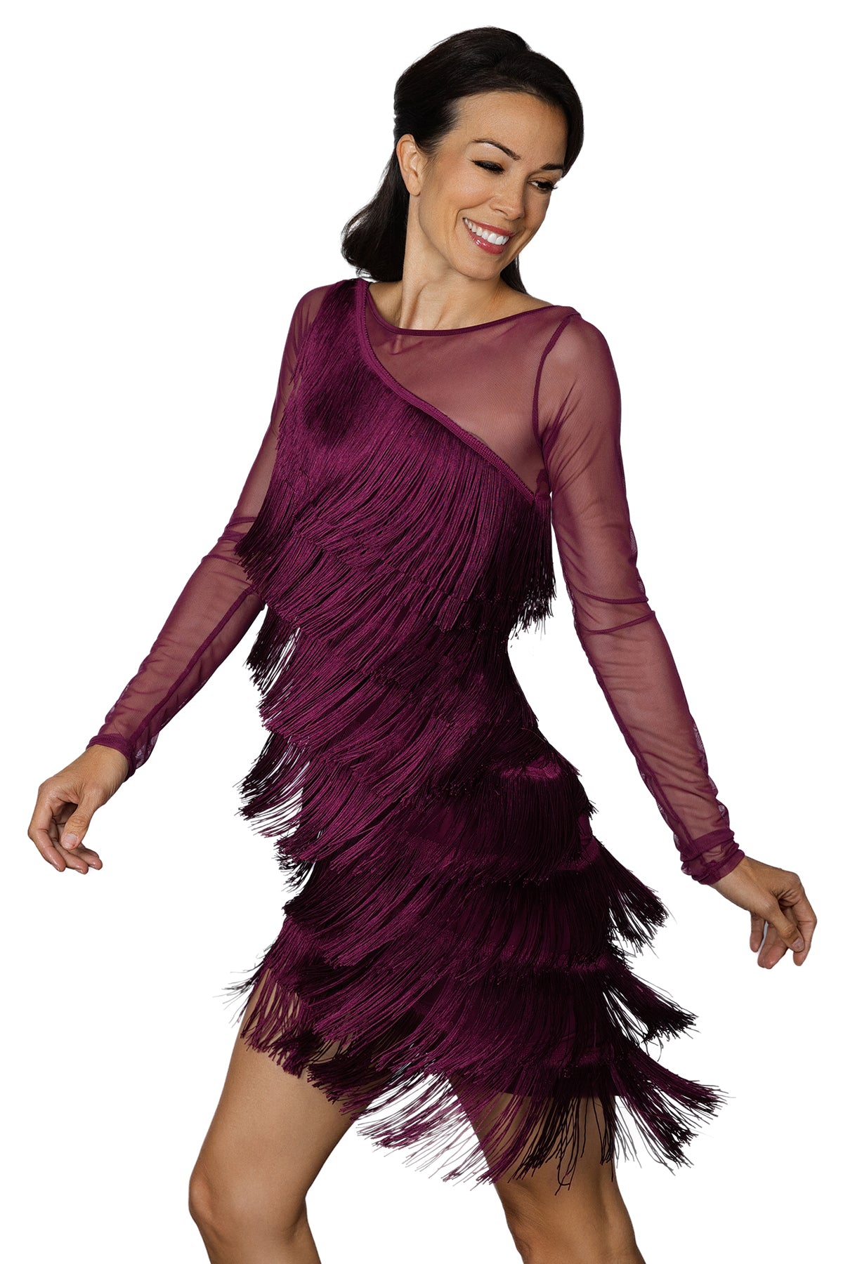 Women's wine colored Latin dance dress with fringe