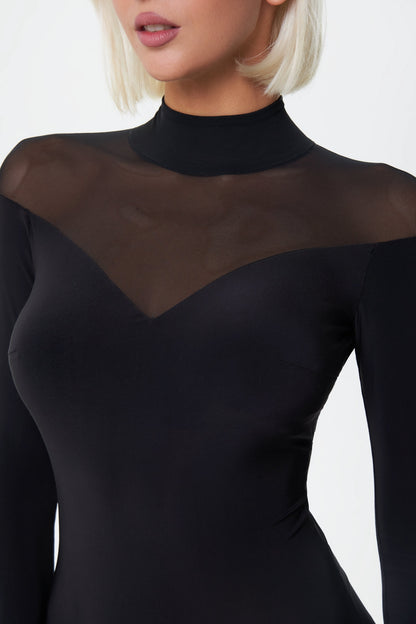 Danza Patricia Elegant Black Bodysuit Top with Mesh Upperpart PRA 1165 in Stock