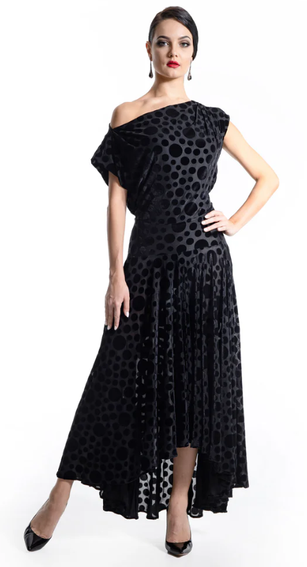 Black Velvet Polka Dot Ballroom Practice Dress with Boat Neck and Open Back with Buttons Pra 924