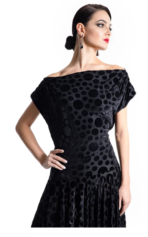 Black Velvet Polka Dot Ballroom Practice Dress with Boat Neck and Open Back with Buttons Pra 924