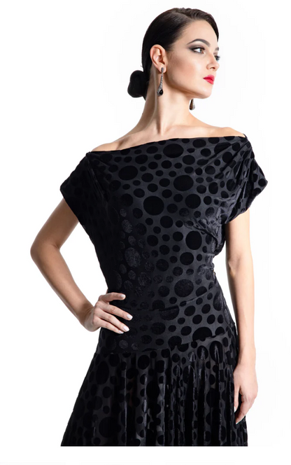 Black Velvet Polka Dot Ballroom Practice Dress with Boat Neck and Open Back with Buttons Pra 924