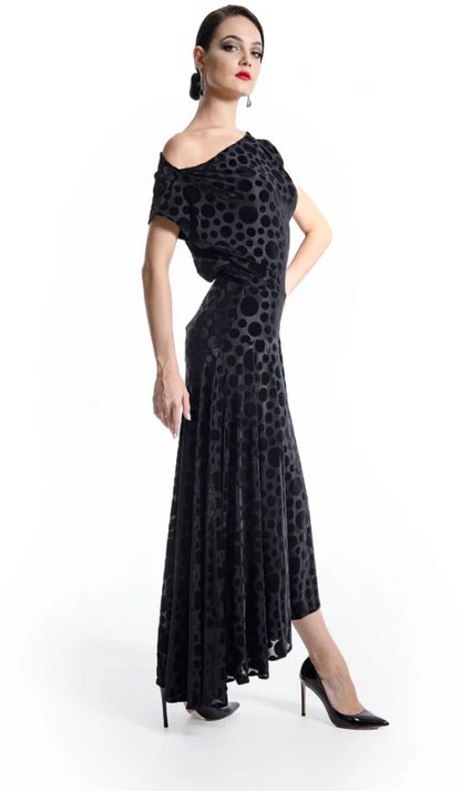 Black Velvet Polka Dot Ballroom Practice Dress with Boat Neck and Open Back with Buttons Pra 924