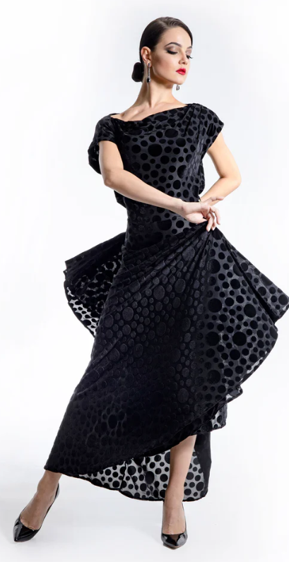 Black Velvet Polka Dot Ballroom Practice Dress with Boat Neck and Open Back with Buttons Pra 924