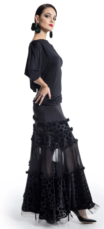 Polka Dot and Mesh Layers Long Ballroom Practice Skirt Pra 925