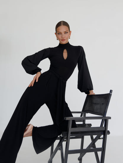 Danza Maya Black Turtleneck Bodysuit with Elegant Puff Sleeves PRA 1161 in Stock