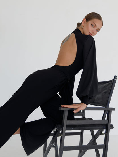 Danza Maya Black Turtleneck Bodysuit with Elegant Puff Sleeves PRA 1161 in Stock