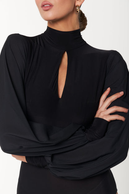 Danza Maya Black Turtleneck Bodysuit with Elegant Puff Sleeves PRA 1161 in Stock