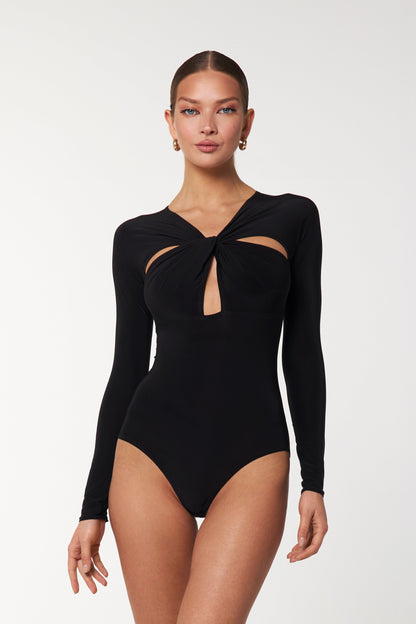 Danza Karina Black Bodysuit Practice Top with Bust Twist and Sexy Cutouts PRA 1159 in Stock