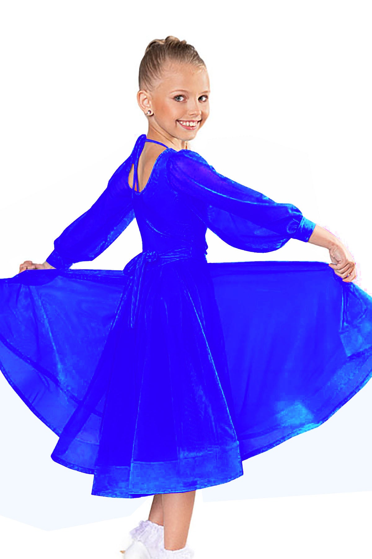 Blue bodysuit leotard with puff sleeves for girls' ballroom dance