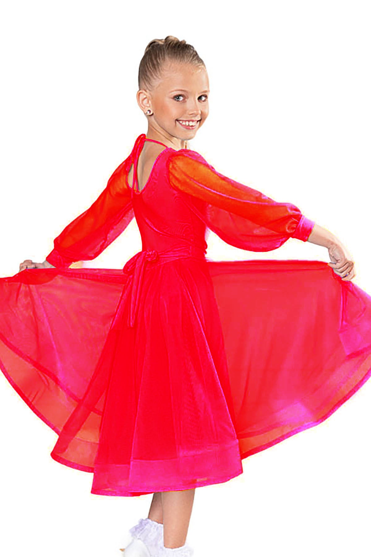 Bodysuit leotard with long puff mesh sleeves for girls' ballroom dance in red