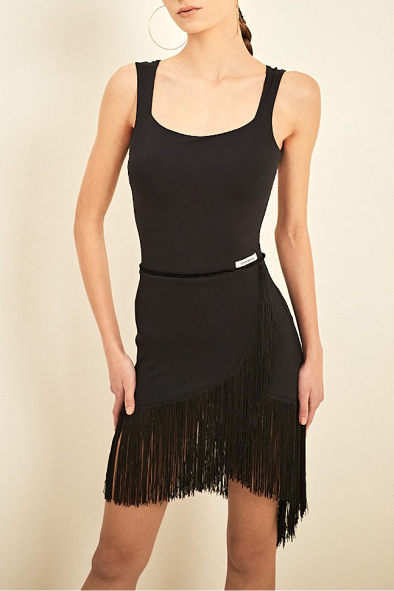 ONDANCE Alessandro Black Latin Practice Dress with Wrap-Around Skirt and Fringe Pra 1298