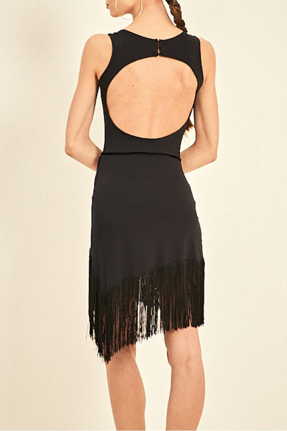 ONDANCE Alessandro Black Latin Practice Dress with Wrap-Around Skirt and Fringe Pra 1298