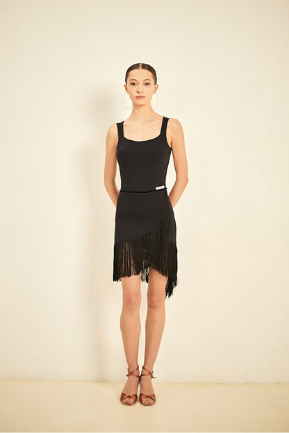 ONDANCE Alessandro Black Latin Practice Dress with Wrap-Around Skirt and Fringe Pra 1298