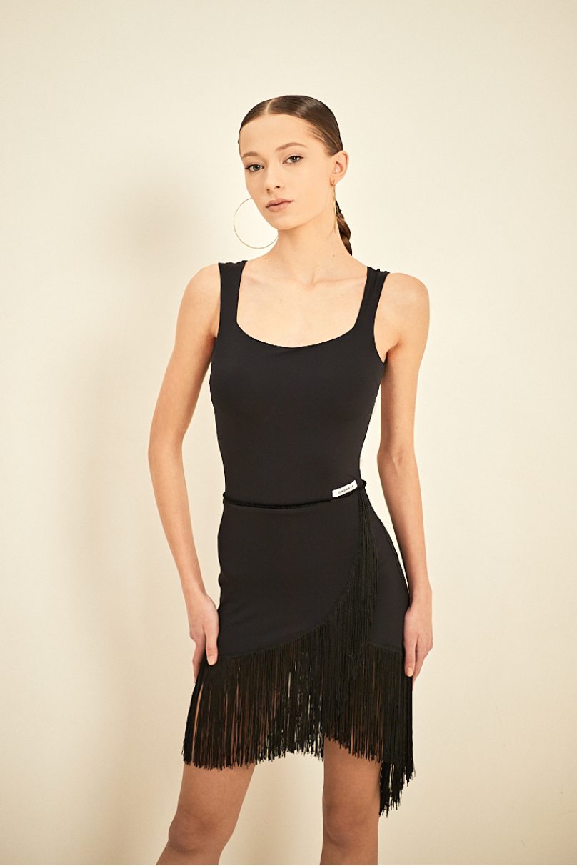 ONDANCE Alessandro Black Latin Practice Dress with Wrap-Around Skirt and Fringe Pra 1298