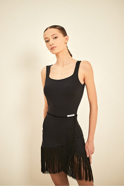 ONDANCE Alessandro Black Latin Practice Dress with Wrap-Around Skirt and Fringe Pra 1298