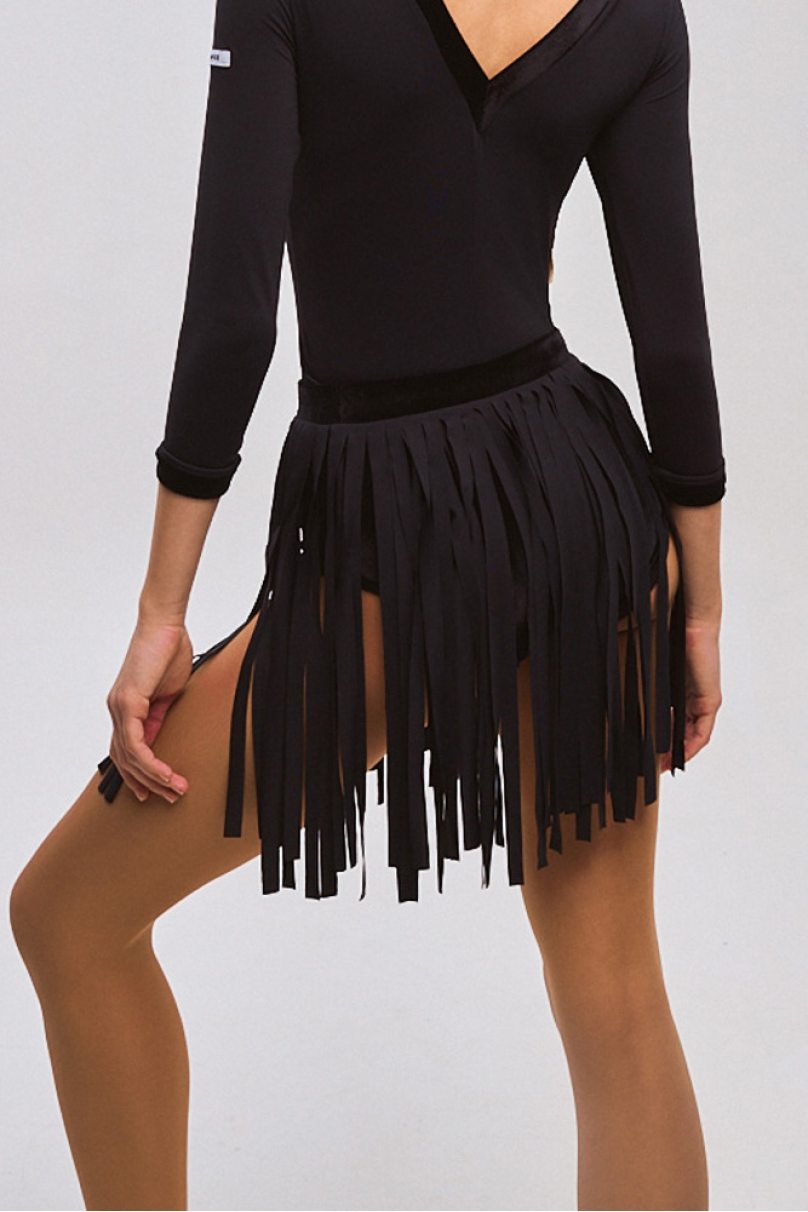 ONDANCE Ella Black Latin Skirt for Women and Girls with Wide Fringe Pra 1319