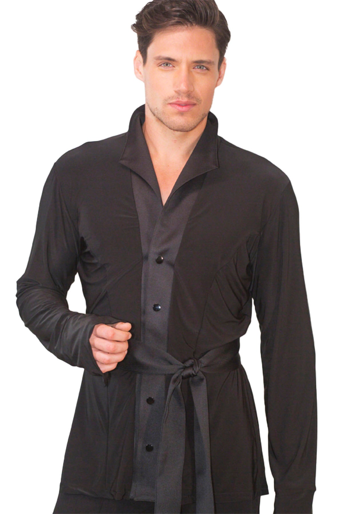 Men's black dance shirt with belt tie