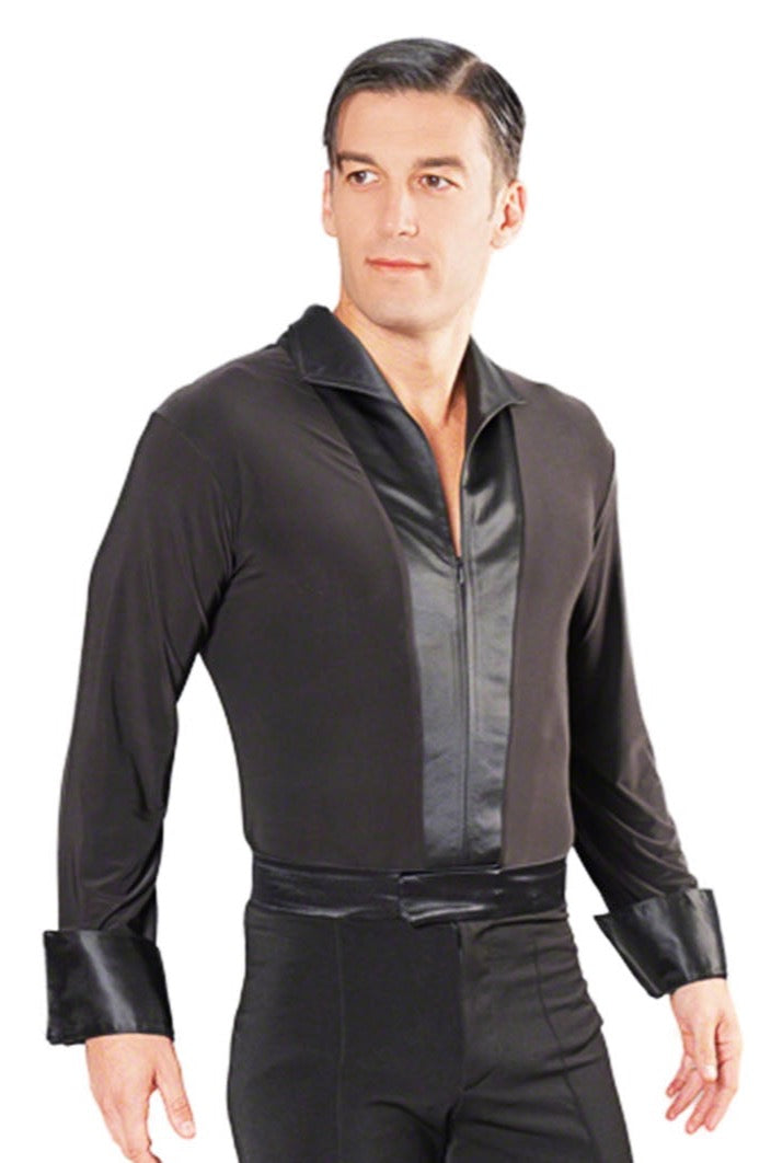 Men's Simple Satin Collared Zipper Closure Latin Dance Shirt with Trunks