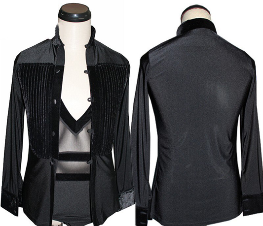 Men's Black Velvet and Lycra Latin Dance Bodysuit and Over Shirt M014_sale