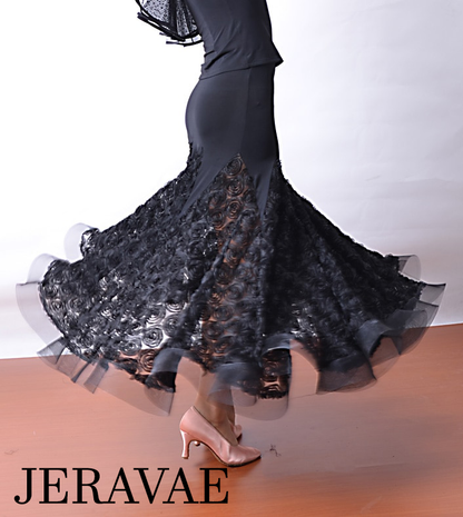 Black Ballroom Practice Skirt with 3D Floral Mesh Panels PRA 514_sale