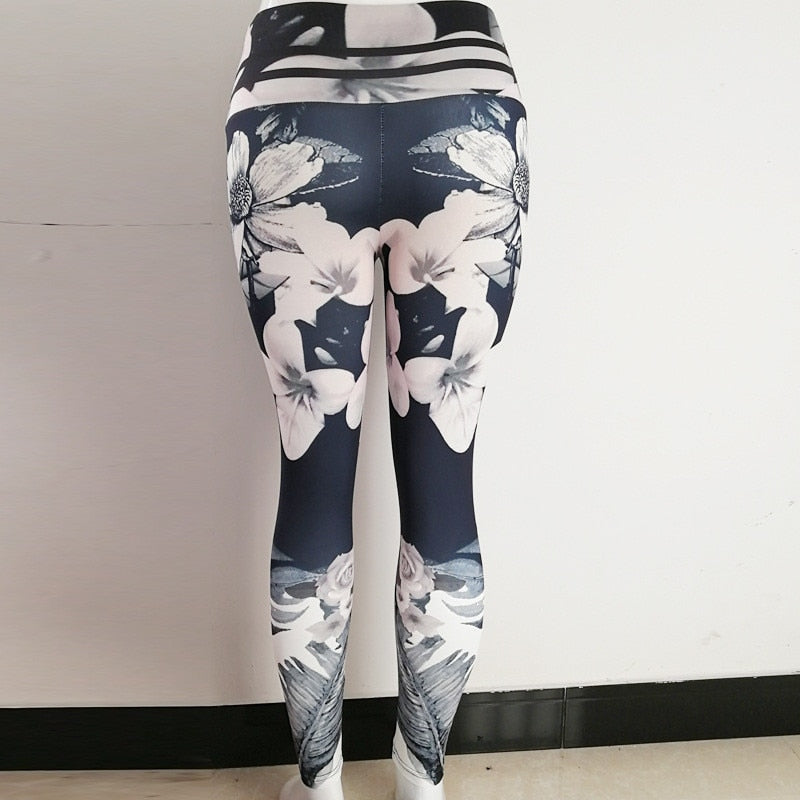 Blue Gray Leggings with Lined Waistband and Large White Flower Print  B_sale