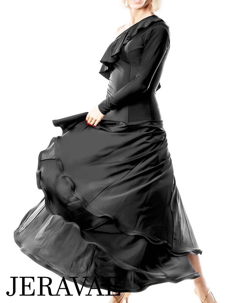 Long Black Lycra Ballroom Practice Dress with One Ruffle Sash off Shoulder PRA 051_SALE