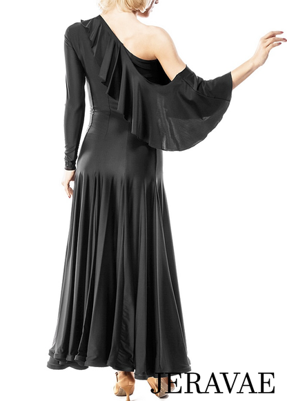 Long Black Lycra Ballroom Practice Dress with One Ruffle Sash off Shoulder PRA 051_SALE