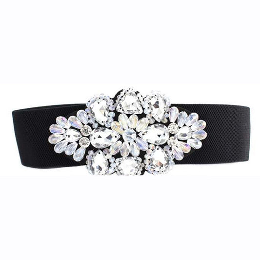 Black elastic belt with large crystal rhinestone accent