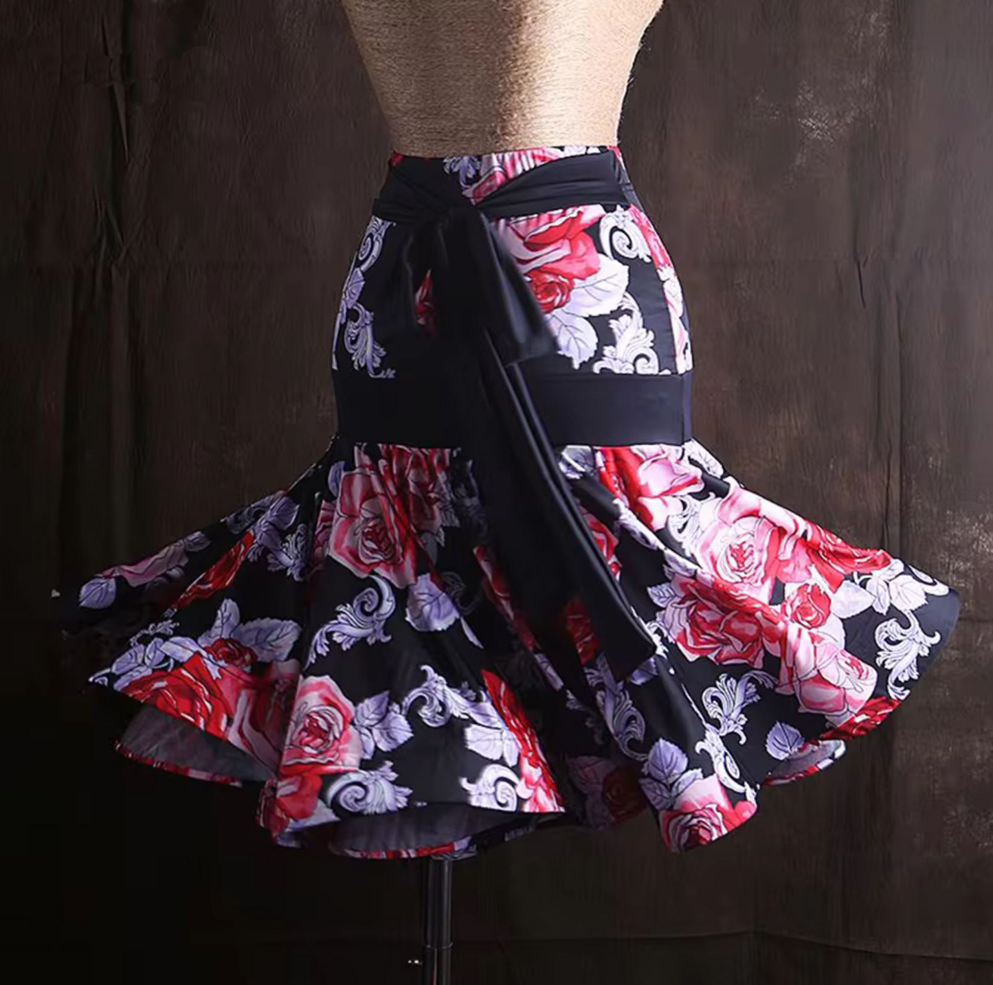 Black and Pink Floral Latin Practice Skirt with Tie Belt and Ruffle Hem PRA 022_sale