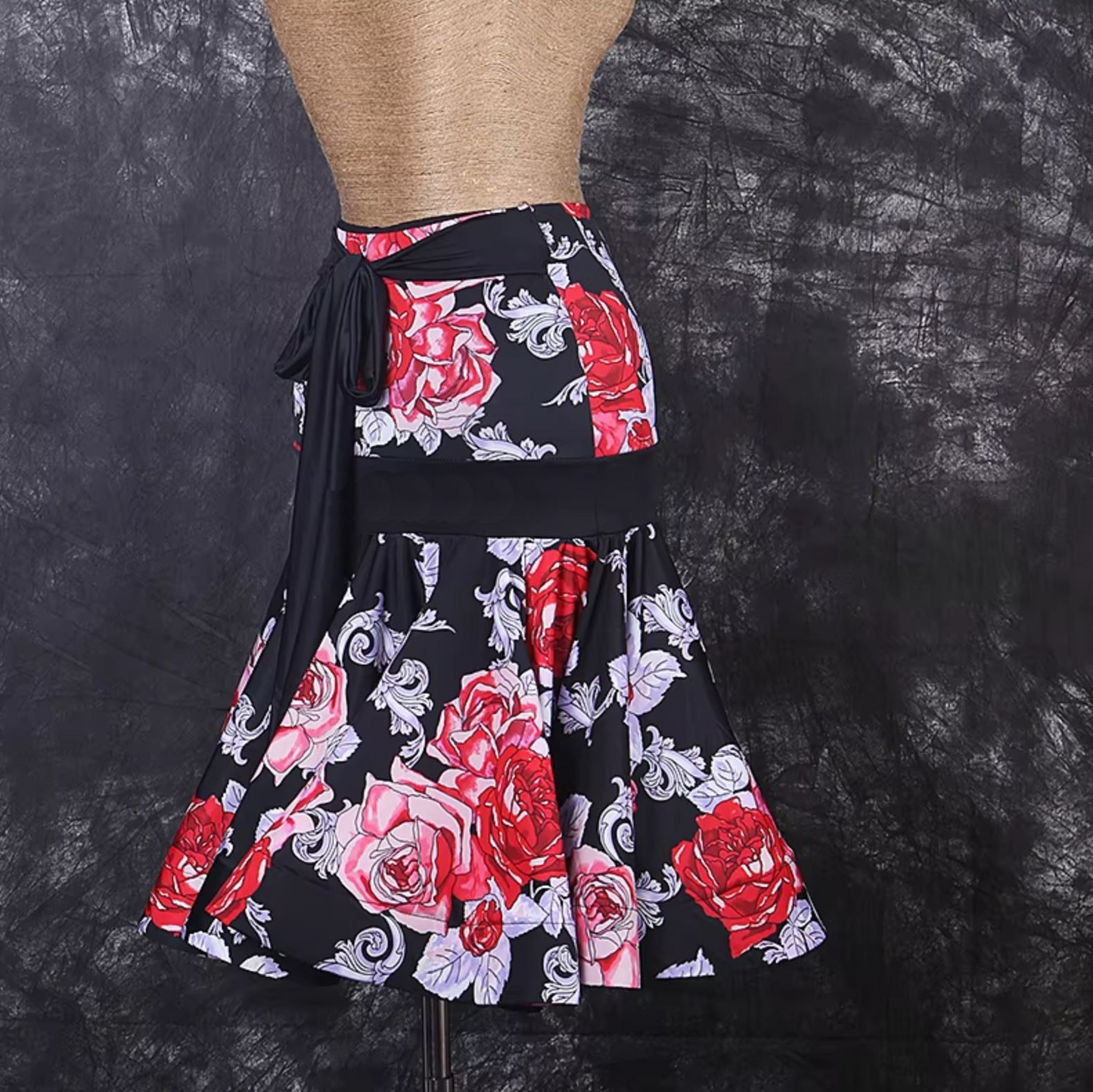 Black and Pink Floral Latin Practice Skirt with Tie Belt and Ruffle Hem PRA 022_sale