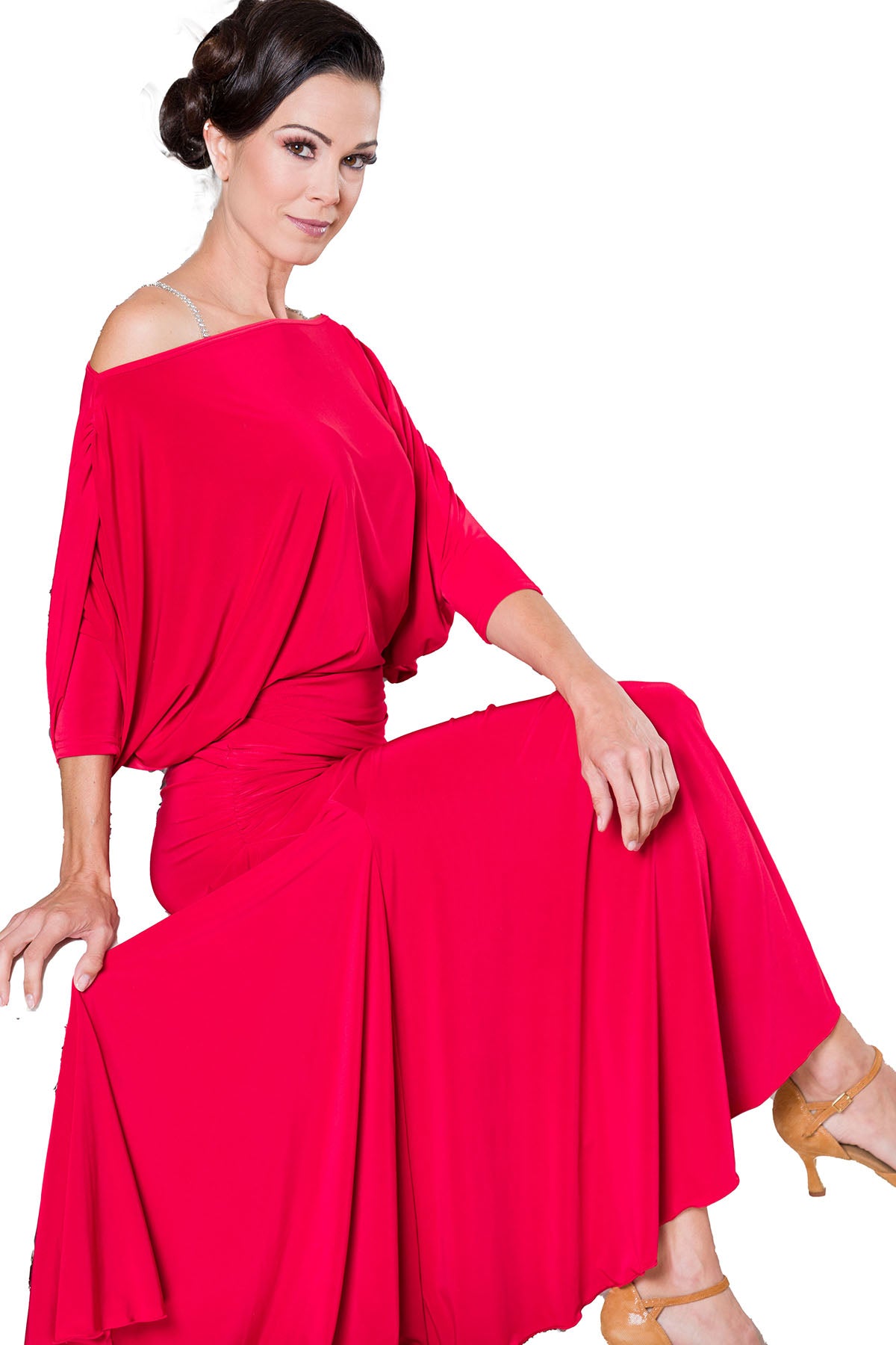 Dolman sleeves on women's red ballroom dance top