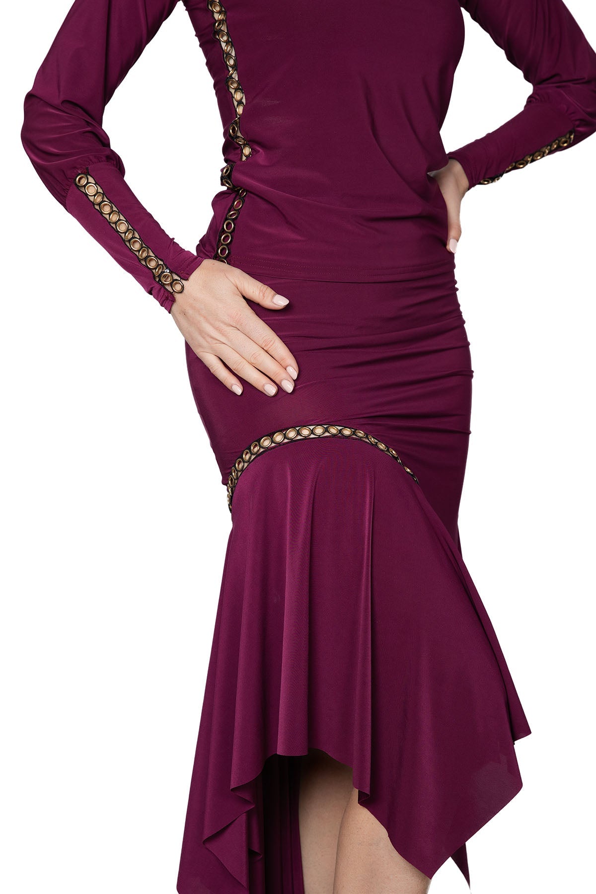 Wine colored Latin skirt with gold trim for ladies