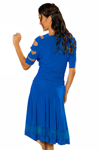 Women's blue ballroom dancing top with lattice sleeve