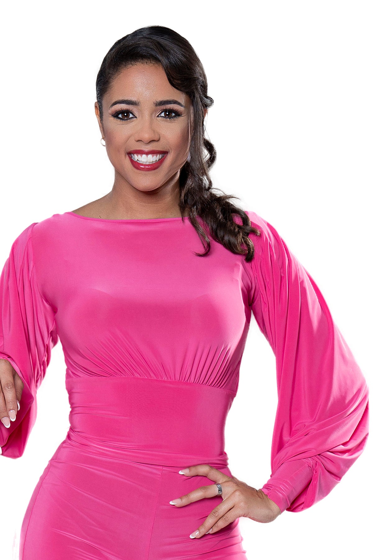 Women's pink ballroom dance top with long lantern sleeves