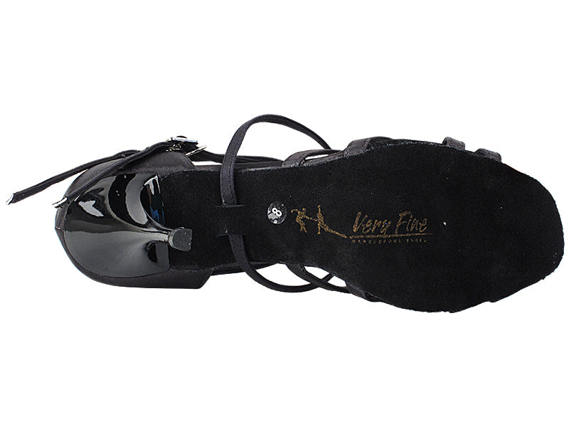 Very Fine 5008LEDSS Black Satin Latin Shoe with 3.5" Black Plated Stiletto Heel and Two Double Cross Straps