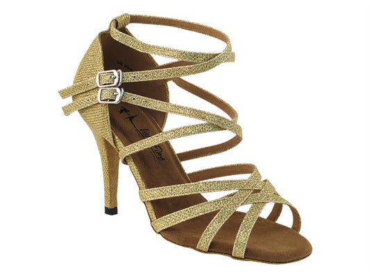 Very Fine 5008LEDSS Gold Glitter Satin Latin Shoe with 3.5" Stiletto Heel and Two Double Cross Straps