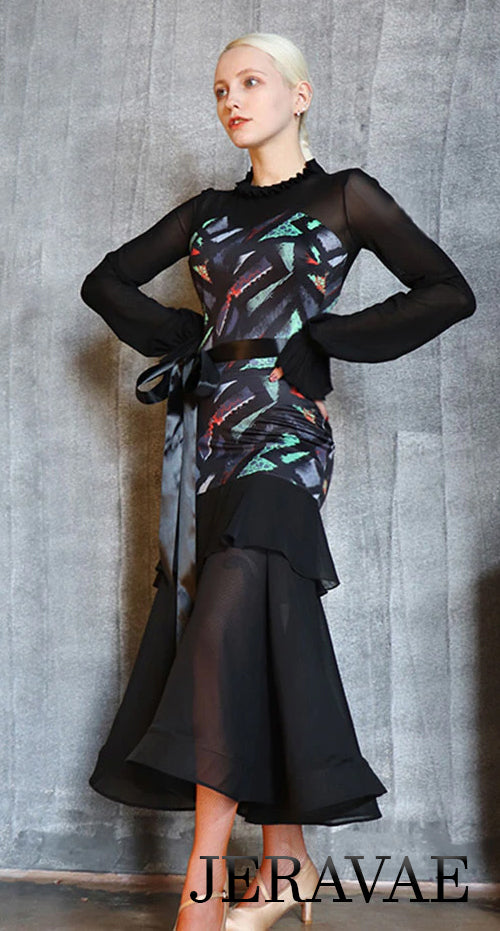 Long Ballroom Practice Dress with Satin Belt, Long Sleeves, Geometric Colorful Print, and Flutter at Top of Skirt PRA 770_sale