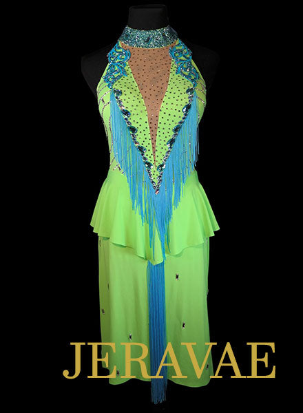 Lime Green and Blue Rhythm Dress with Fringe and Lace accents with Swa ...