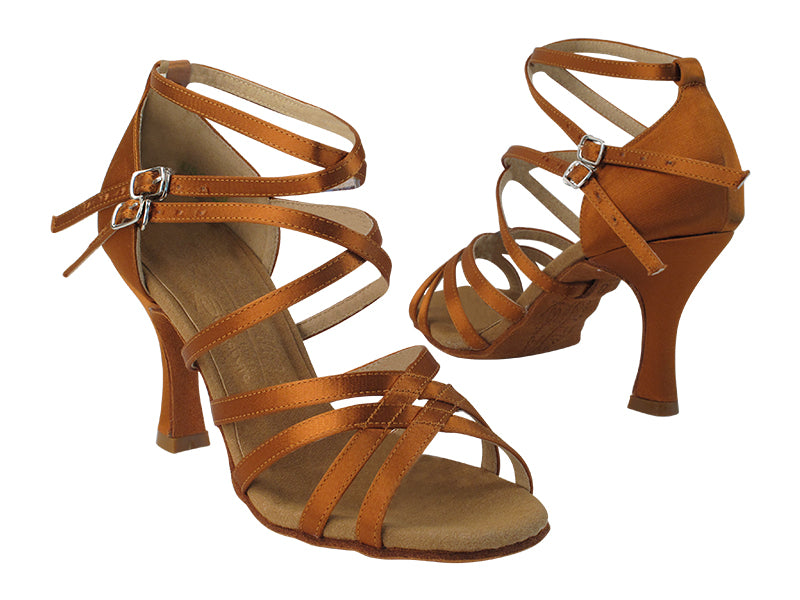 Very Fine_sale S9206 Copper Tan Satin Latin Shoe with Two Double Cross Straps and Suede Sole Diamond Studded