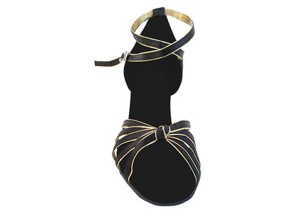 Very Fine SERA7043 Black Satin Gold Trim Latin Shoe with 2.5" Heel and Double Cross Strap