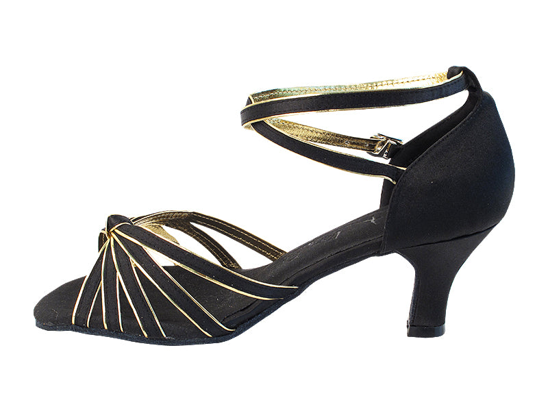 Very Fine SERA7043 Black Satin Gold Trim Latin Shoe with 2.5" Heel and Double Cross Strap