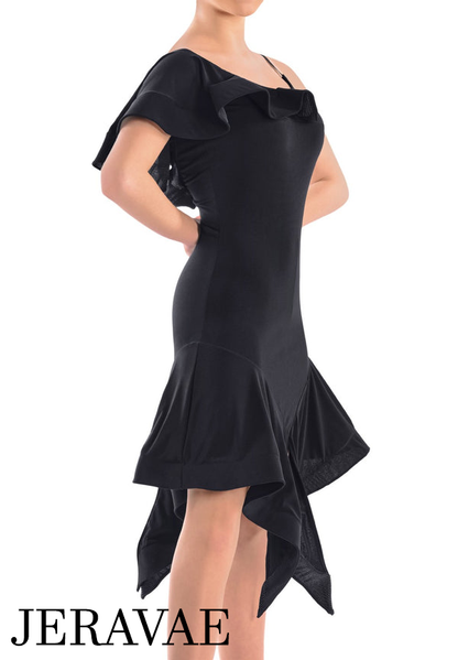 Victoria Blitz SIRACUSA Black Latin Practice Dress with Frill on Shoulder, Unique Asymmetrical Skirt, and Open Back PRA 723 in Stock