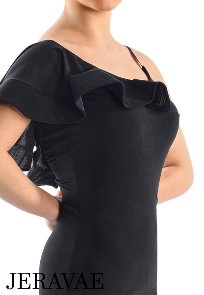 Victoria Blitz SIRACUSA Black Latin Practice Dress with Frill on Shoulder, Unique Asymmetrical Skirt, and Open Back PRA 723 in Stock