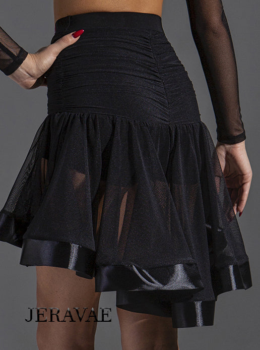 See Through Black Latin Practice Skirt with Asymmetrical Length, Satin Hem,  Ruched Back, and Sewn-in Shorts PRA 577