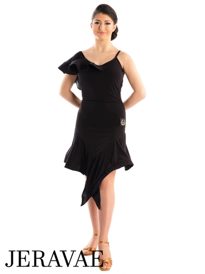 Victoria Blitz SIRACUSA Black Latin Practice Dress with Frill on Shoulder, Unique Asymmetrical Skirt, and Open Back PRA 723 in Stock