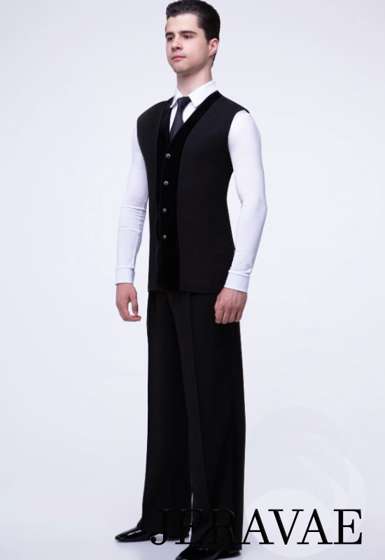 Men's and Boy's Black Single Breasted Ballroom Slim Fit Vest with Velvet Accent (No Pockets) M064 in Stock