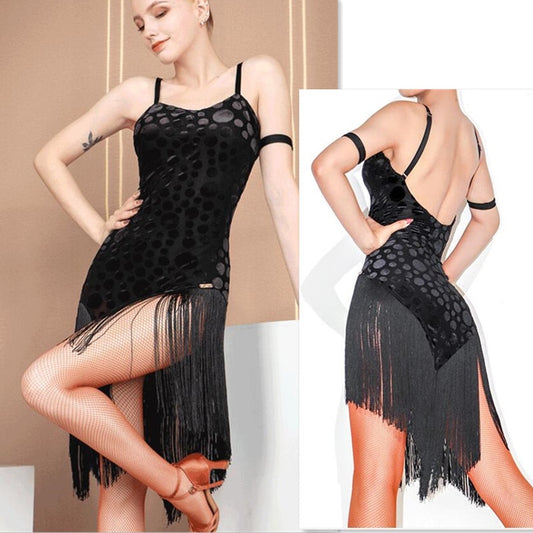 sleeveless Black fringe latin dress with black polka dots and fringe